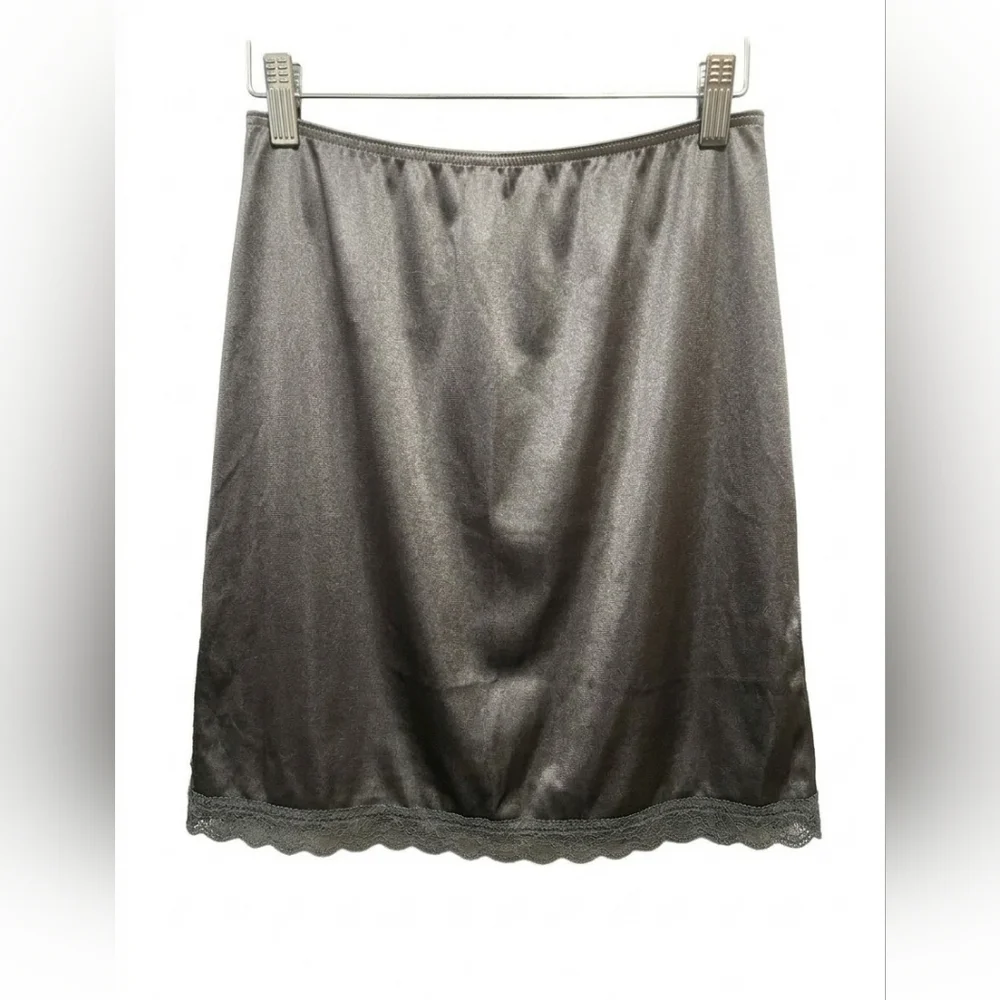 VTG Deena Lingerie Black Satin Lace Trim Slip Skirt - Size M